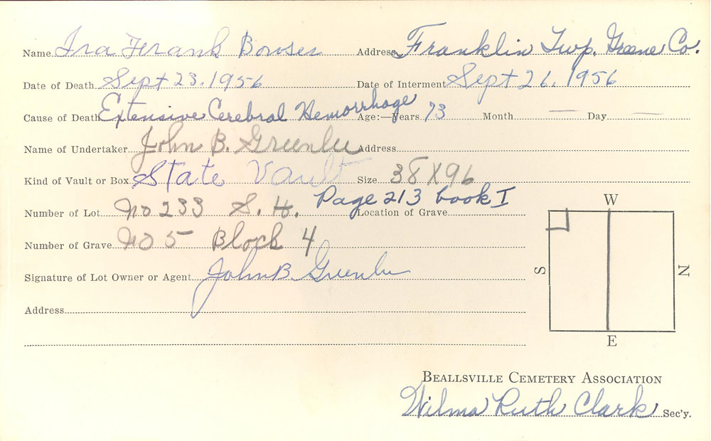 Ira Frank Bowser burial card